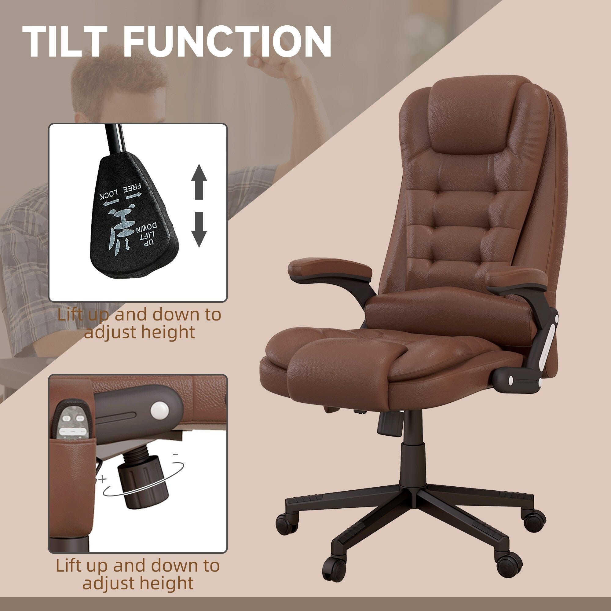Fauteuil de bureau inclinable pivotant à 360° en cuir PU avec massage par vibrations, chauffage lombaire et hauteur réglable
