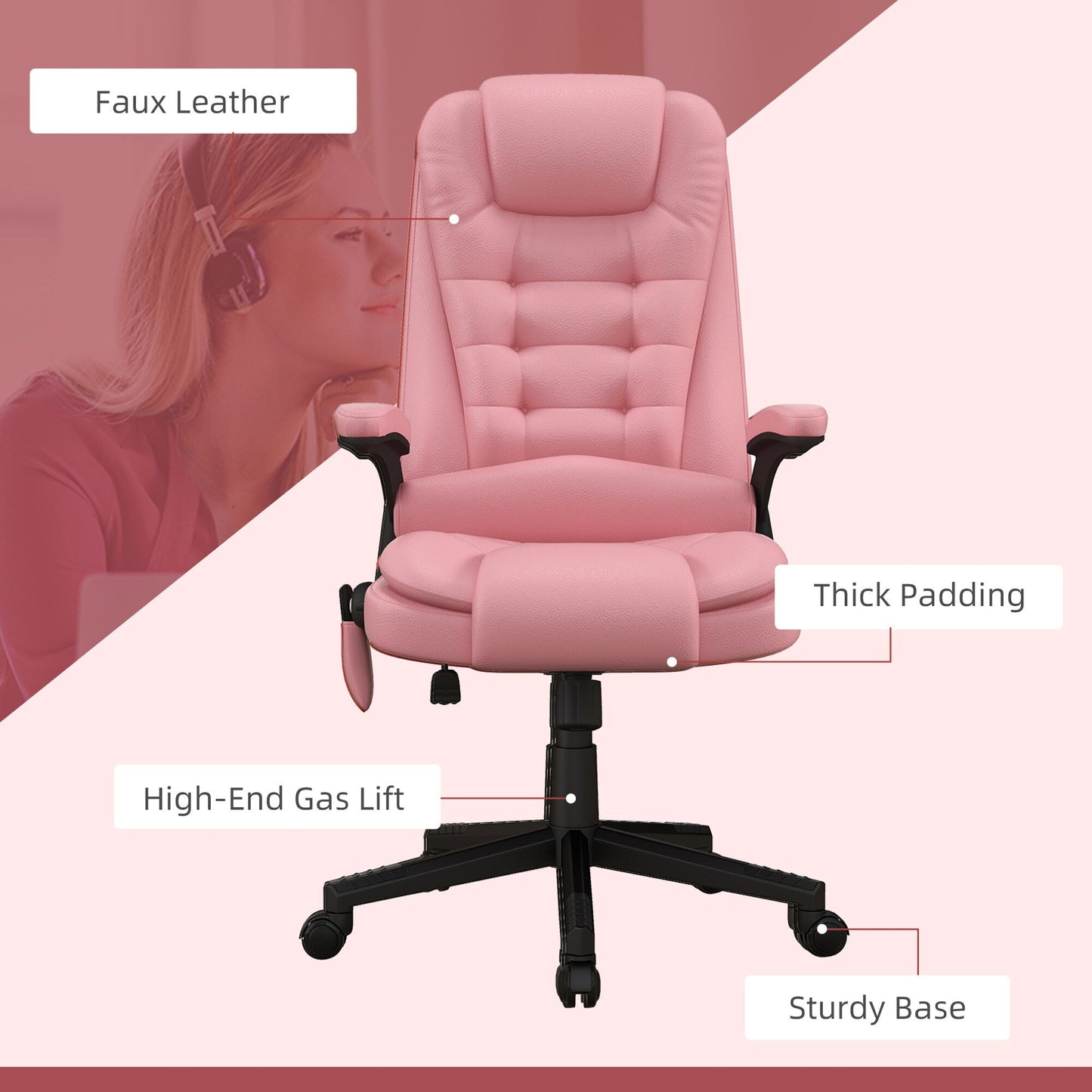 Fauteuil de bureau inclinable pivotant à 360° en cuir PU avec massage par vibrations, chauffage lombaire et hauteur réglable