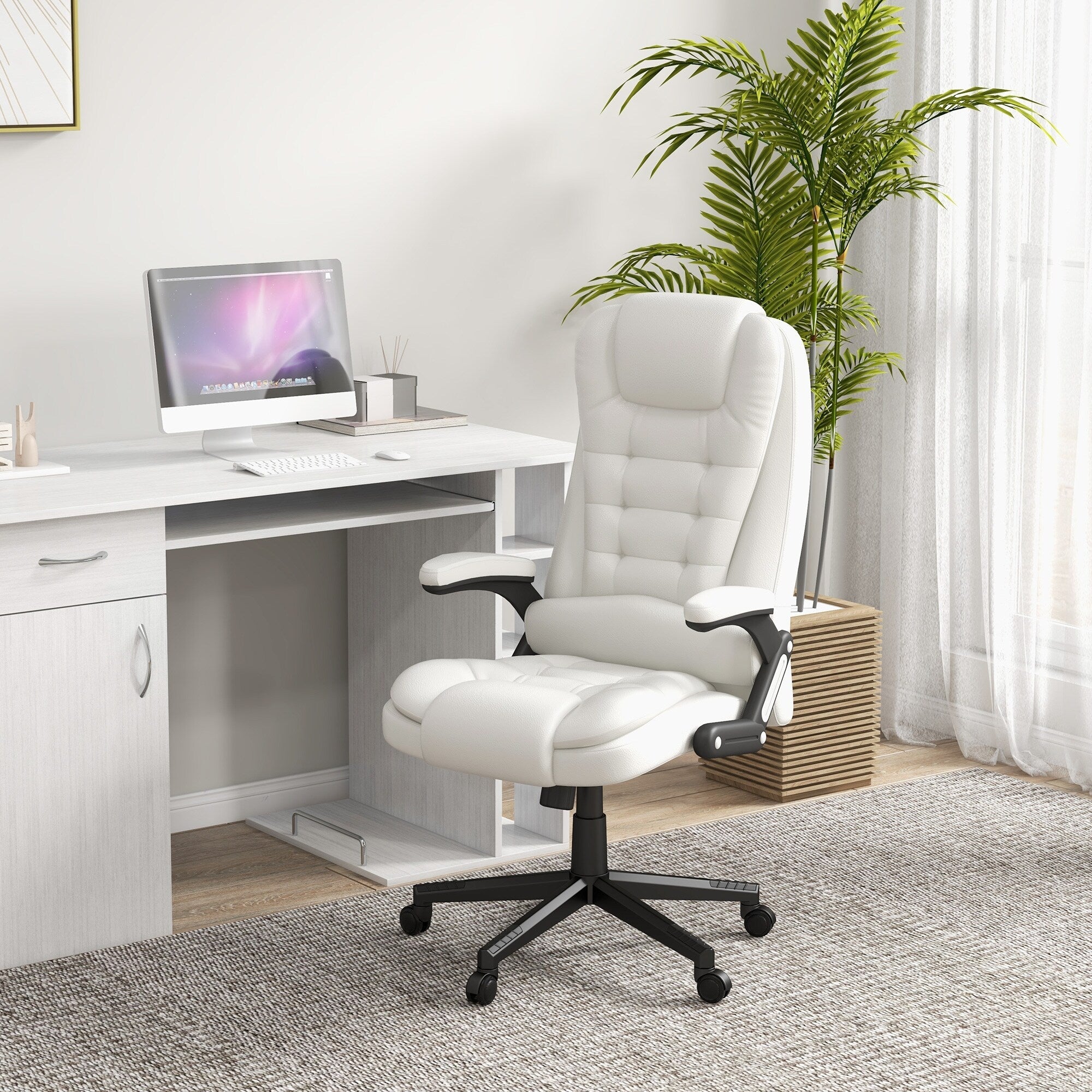 Fauteuil de bureau inclinable pivotant à 360° en cuir PU avec massage par vibrations, chauffage lombaire et hauteur réglable