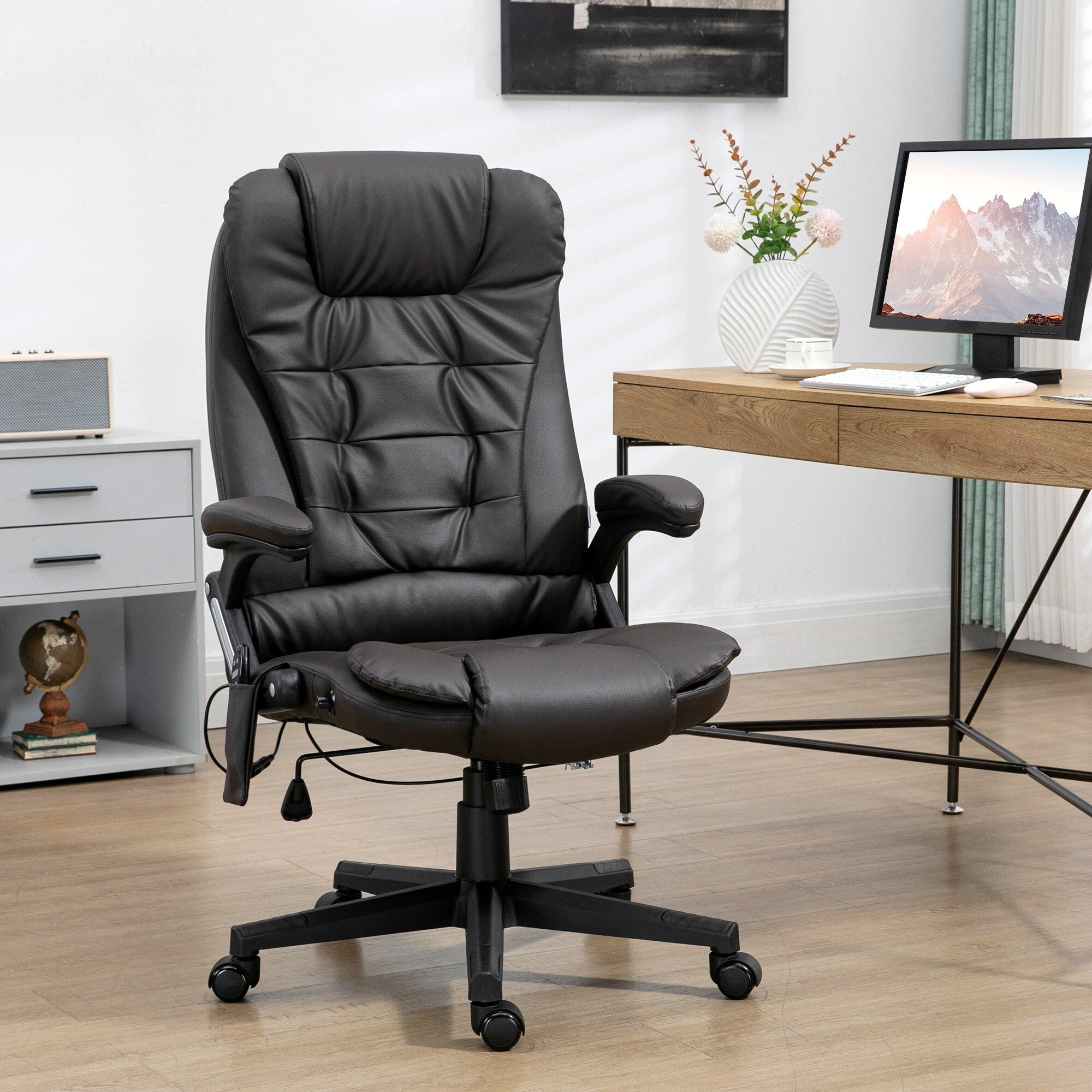 Fauteuil de bureau inclinable pivotant à 360° en cuir PU avec massage par vibrations, chauffage lombaire et hauteur réglable
