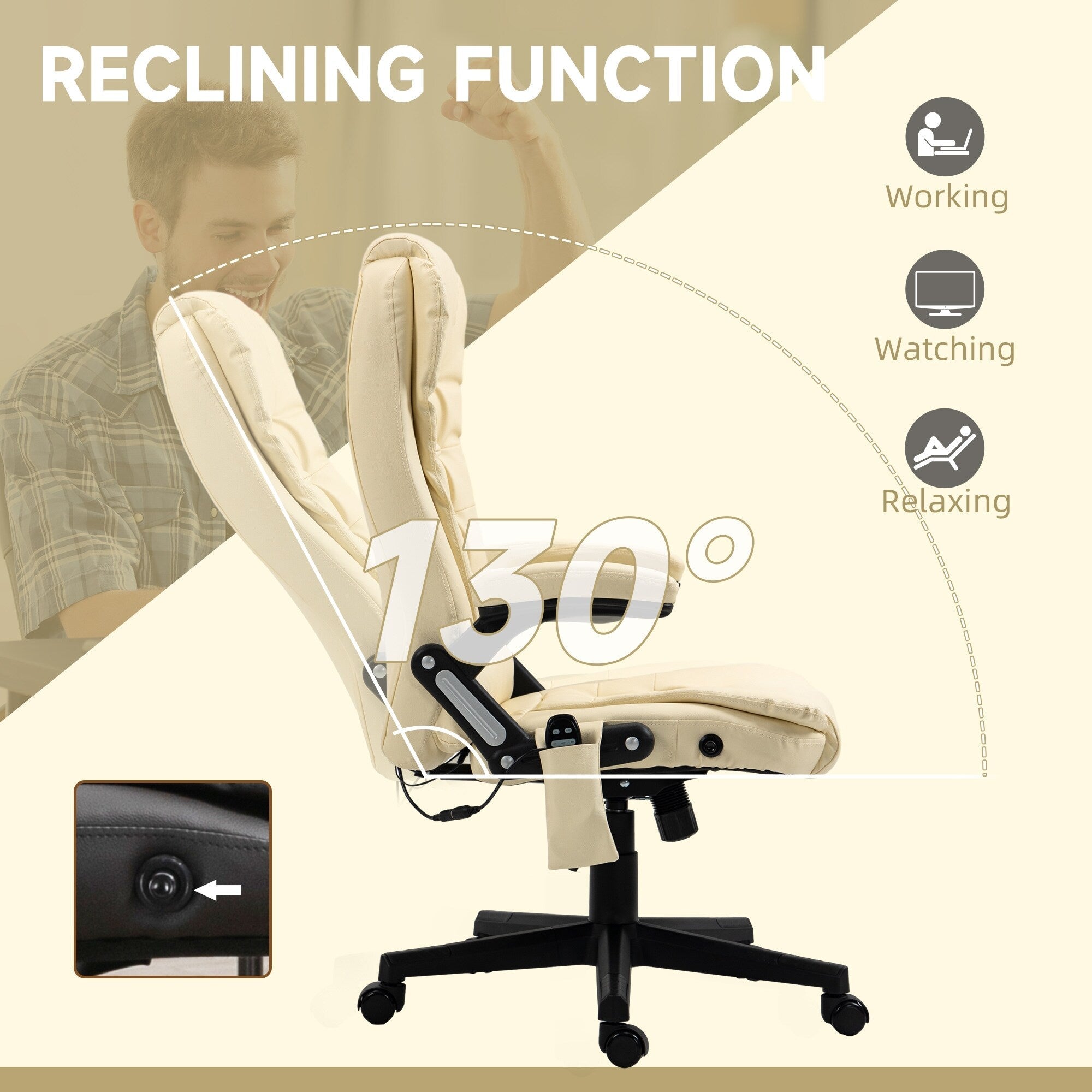 Fauteuil de bureau inclinable pivotant à 360° en cuir PU avec massage par vibrations, chauffage lombaire et hauteur réglable