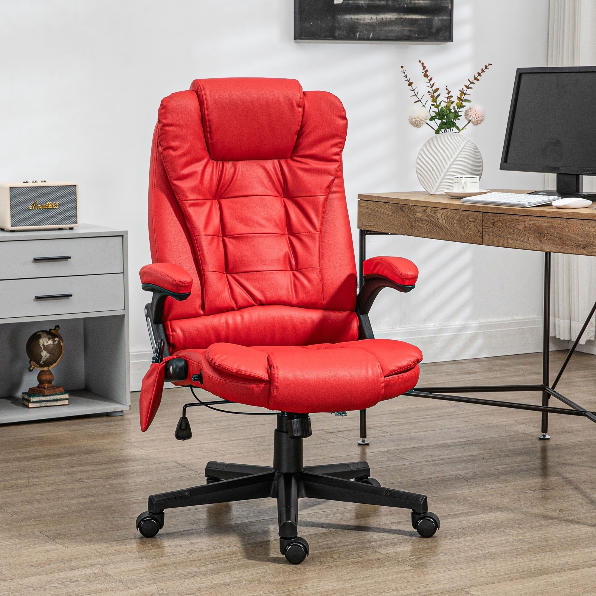 Fauteuil de bureau inclinable pivotant à 360° en cuir PU avec massage par vibrations, chauffage lombaire et hauteur réglable