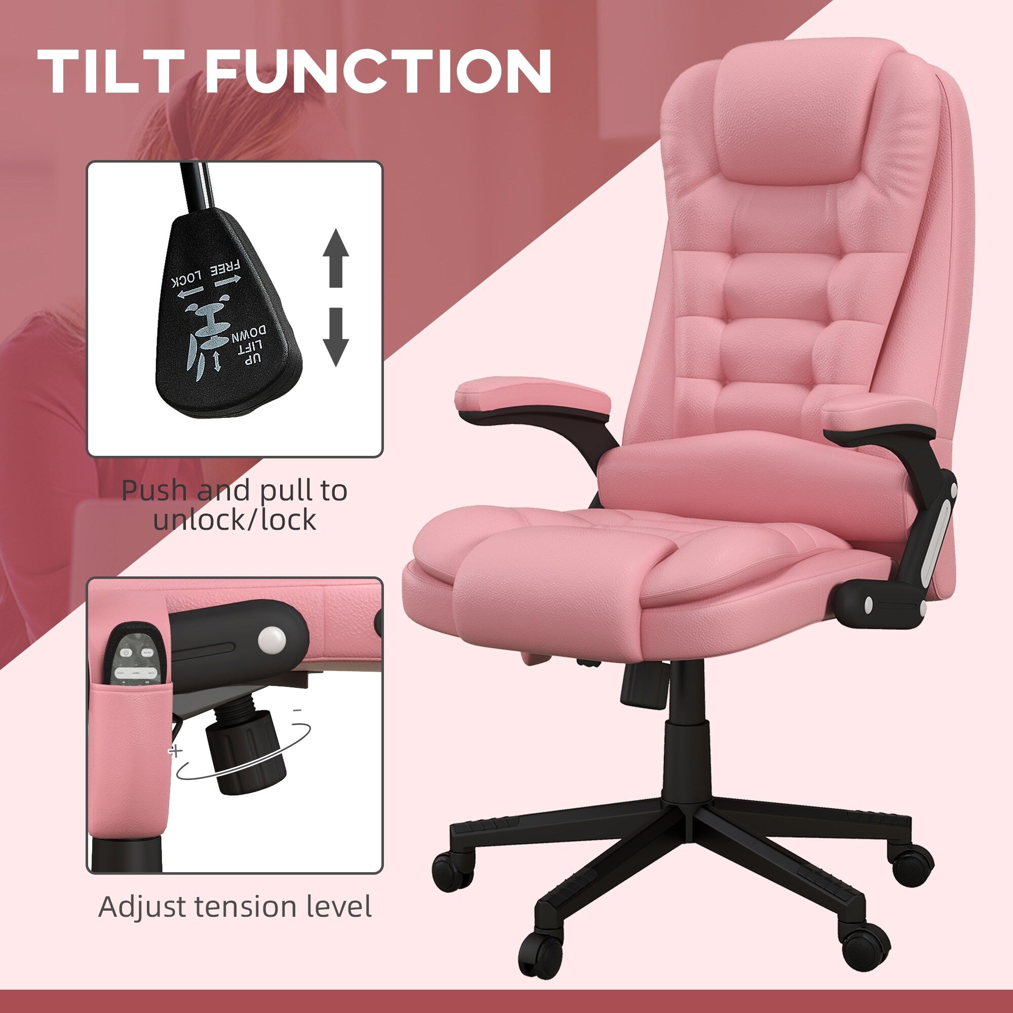 Fauteuil de bureau inclinable pivotant à 360° en cuir PU avec massage par vibrations, chauffage lombaire et hauteur réglable