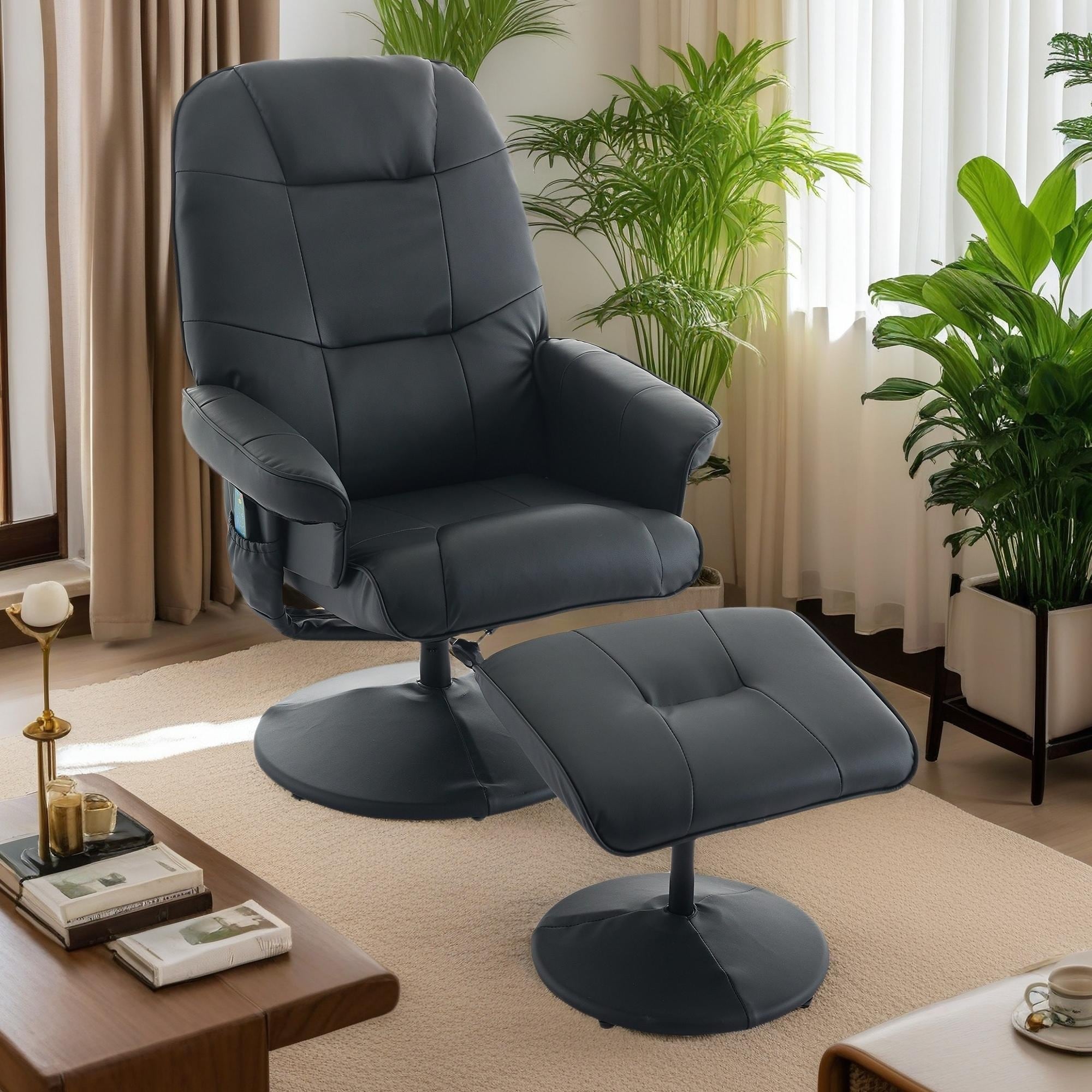 Fauteuil inclinable massant pivotant à 360° en cuir PU avec ottoman, siège massant et chauffant, dossier réglable à 140°