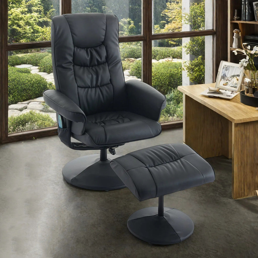 Fauteuil inclinable massant pivotant à 360° en cuir PU avec pouf, siège massant et chauffant