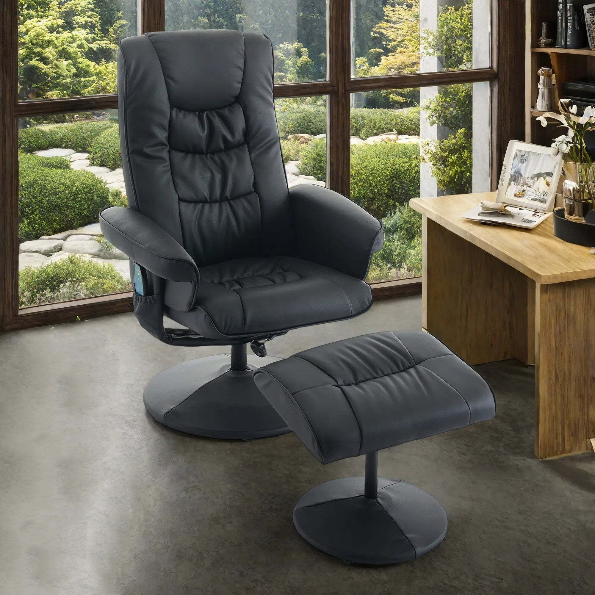Fauteuil inclinable massant pivotant à 360° en cuir PU avec pouf, siège massant et chauffant