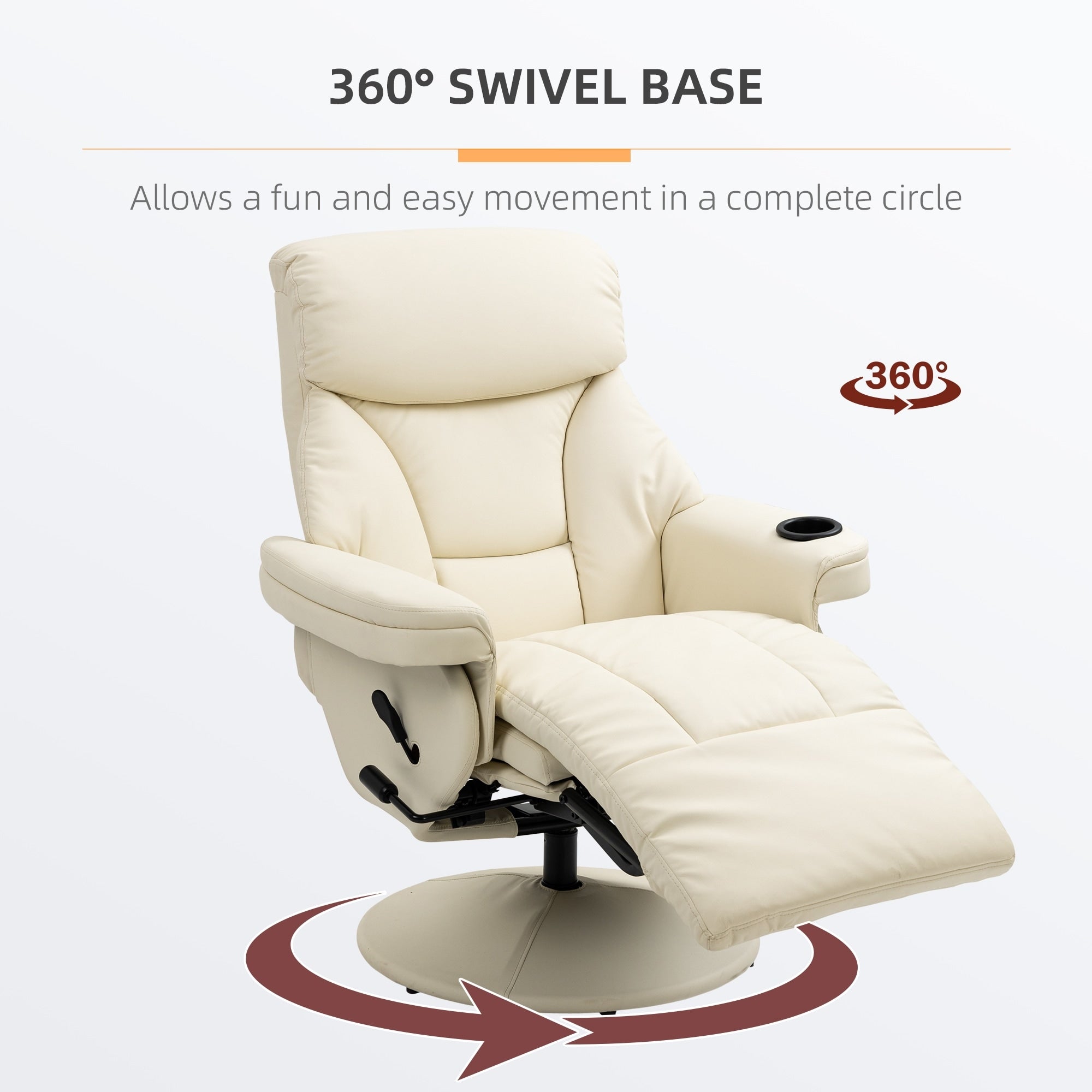 Fauteuil inclinable manuel pivotant à 360° en cuir synthétique avec repose-pieds, porte-gobelet et poche latérale