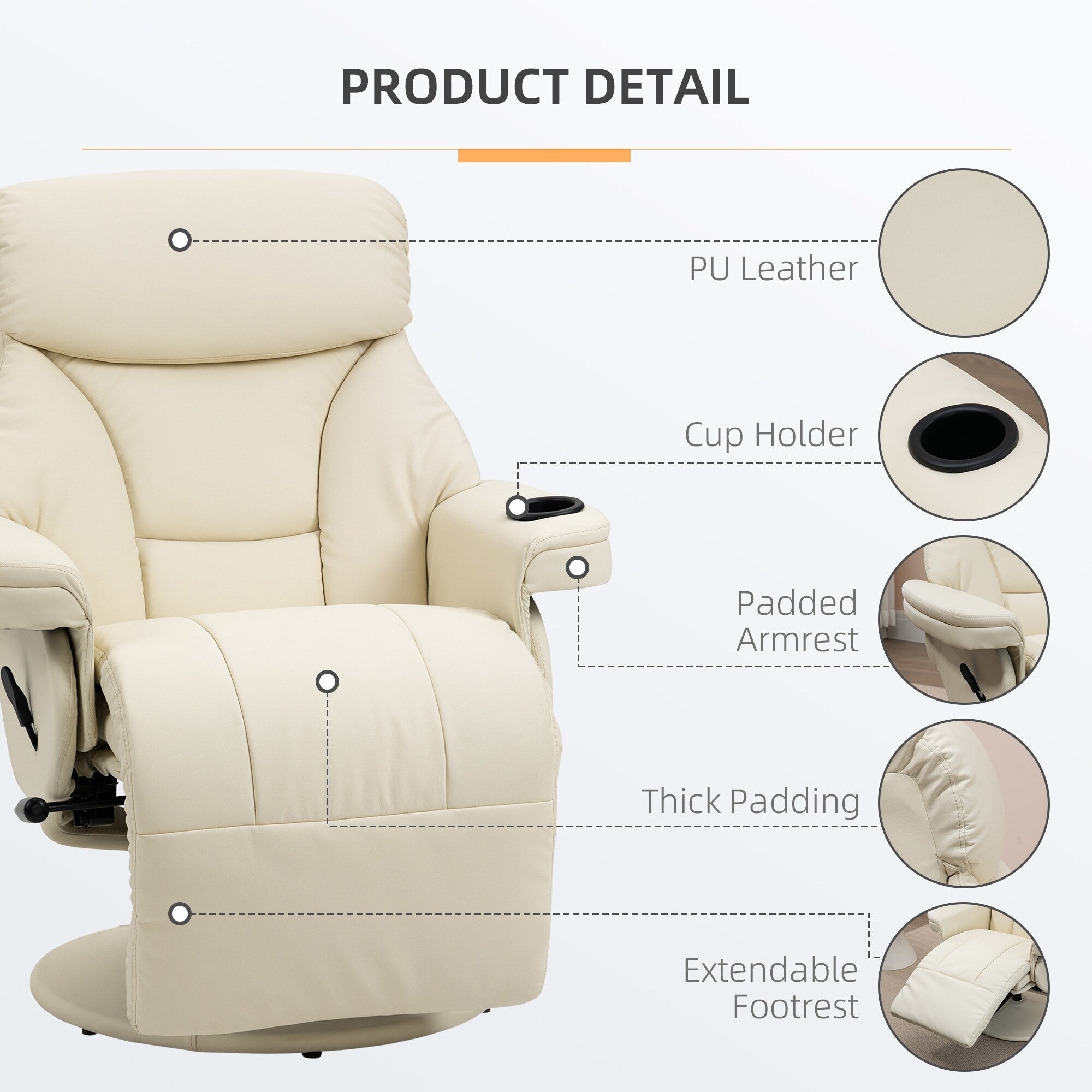 Fauteuil inclinable manuel pivotant à 360° en cuir synthétique avec repose-pieds, porte-gobelet et poche latérale