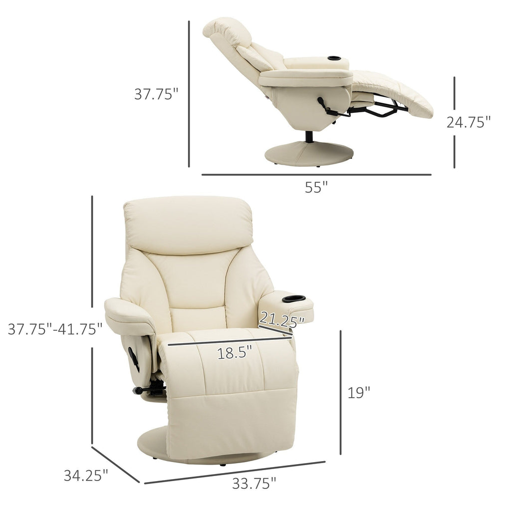 Fauteuil inclinable manuel pivotant à 360° en cuir synthétique avec repose-pieds, porte-gobelet et poche latérale