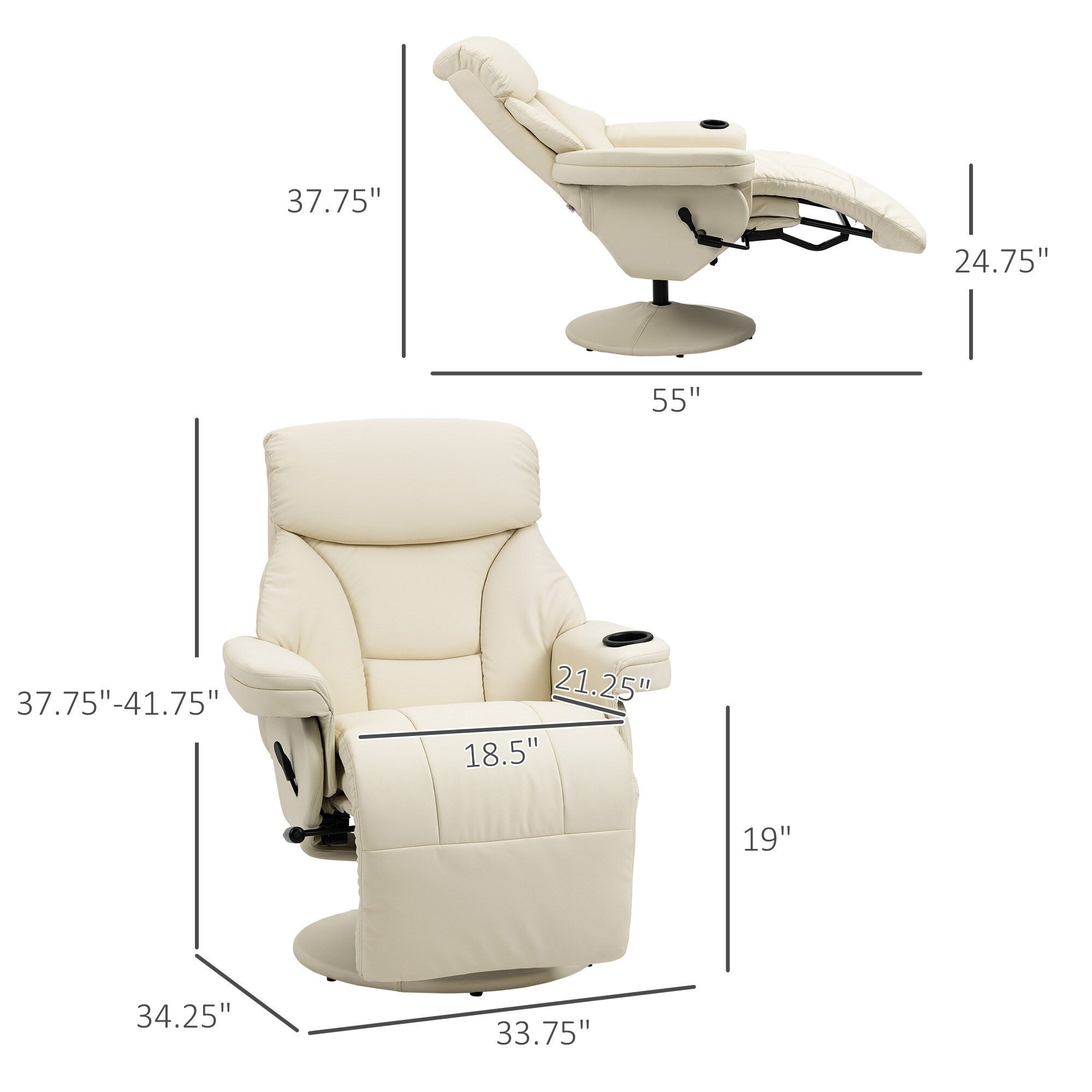 Fauteuil inclinable manuel pivotant à 360° en cuir synthétique avec repose-pieds, porte-gobelet et poche latérale