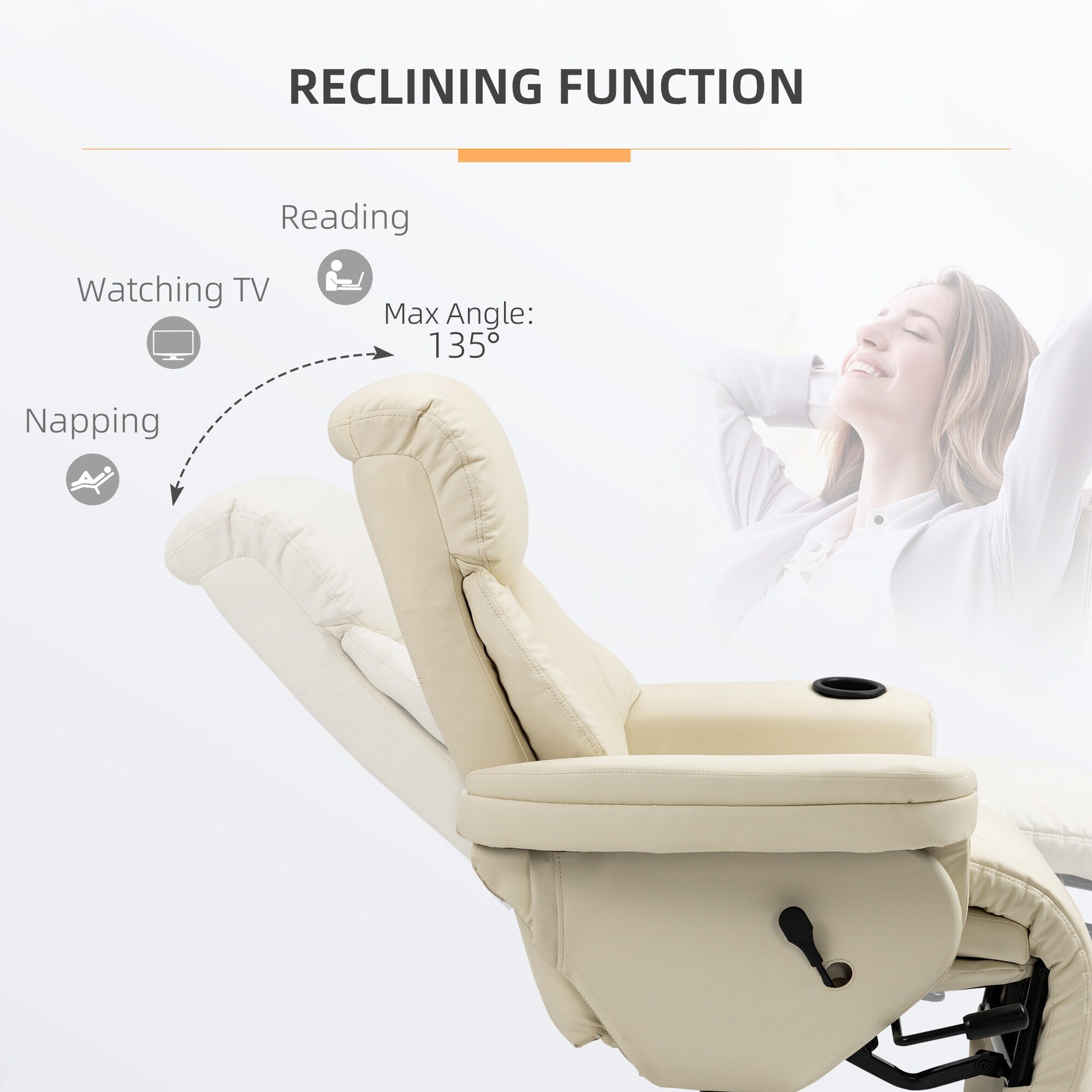 Fauteuil inclinable manuel pivotant à 360° en cuir synthétique avec repose-pieds, porte-gobelet et poche latérale