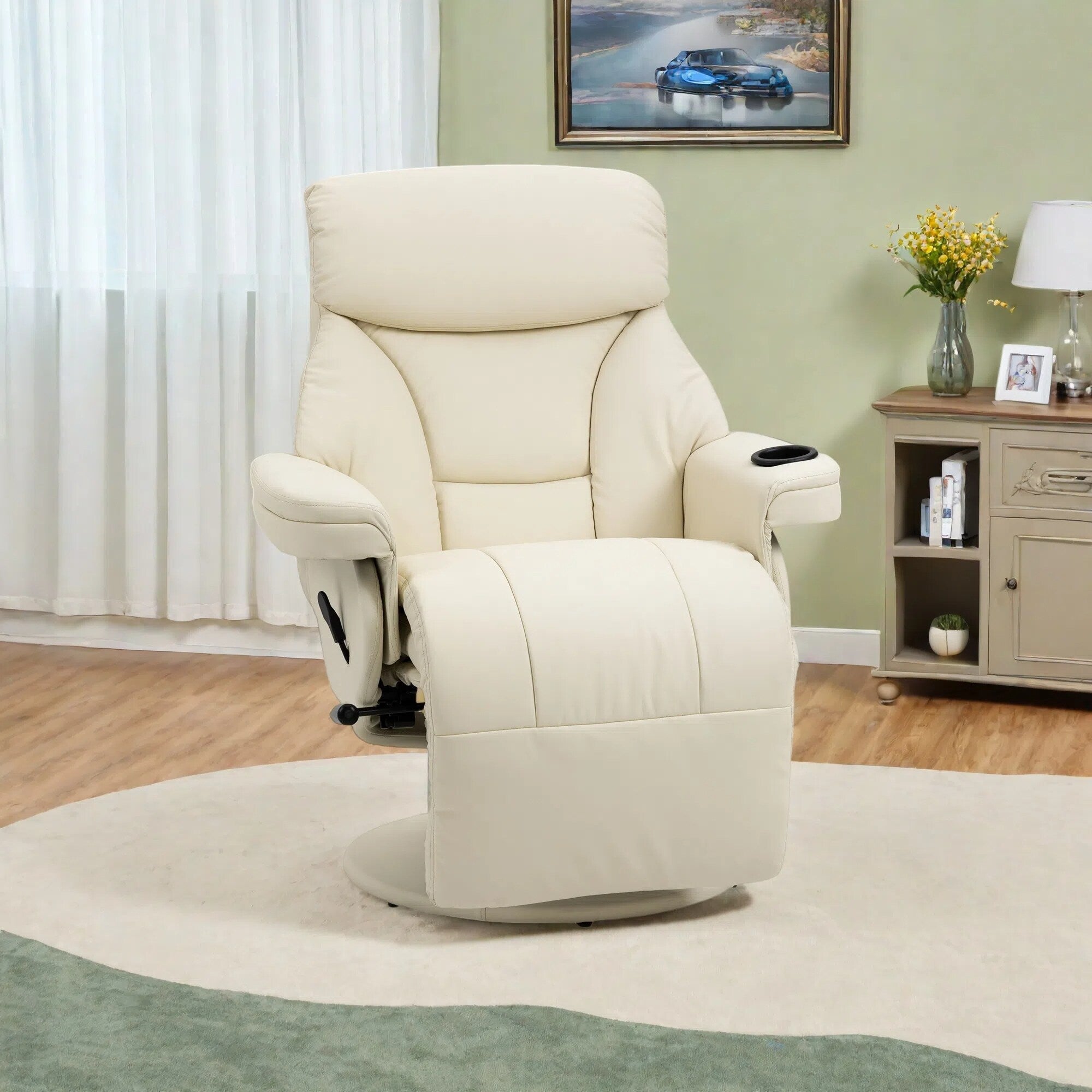 Fauteuil inclinable manuel pivotant à 360° en cuir synthétique avec repose-pieds, porte-gobelet et poche latérale
