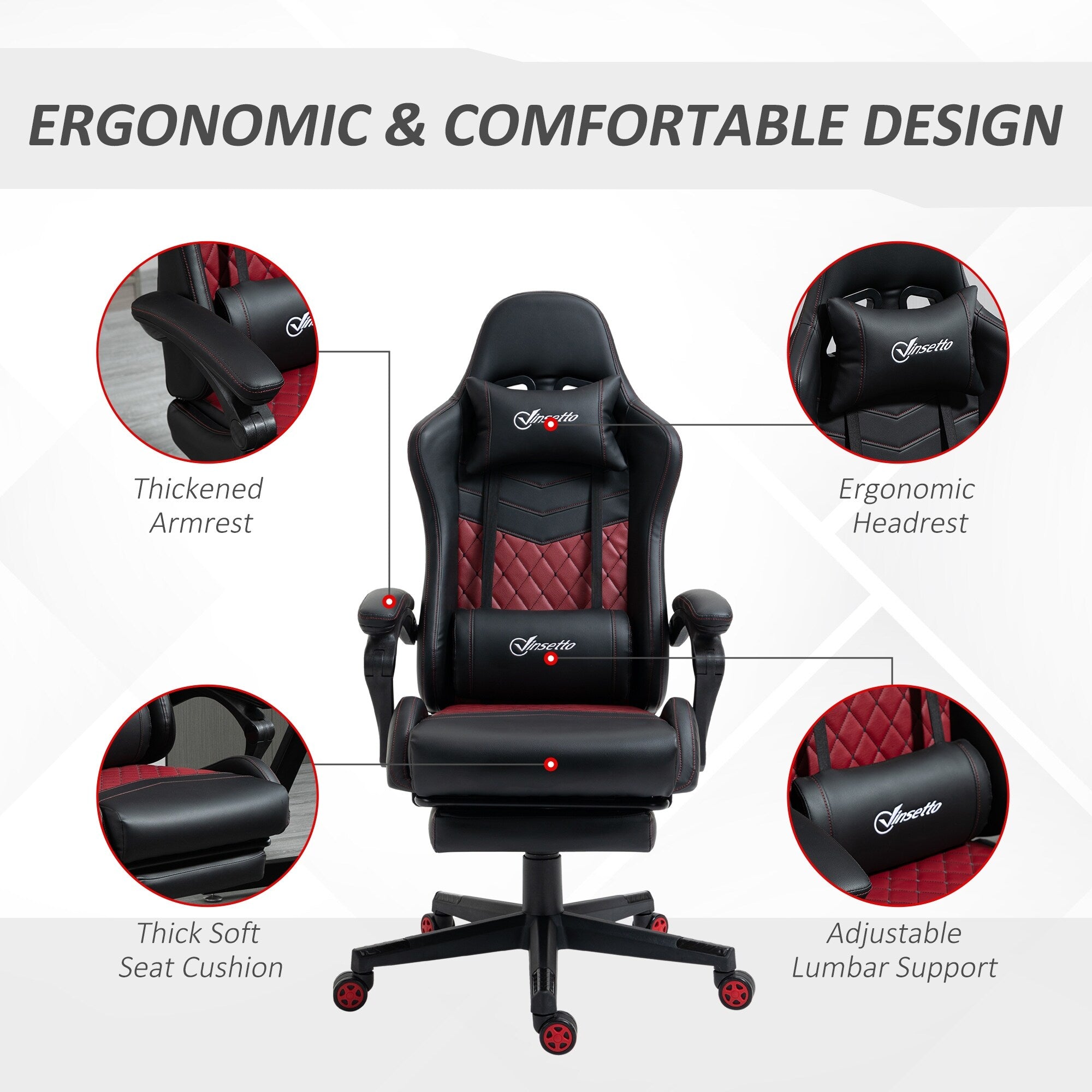 Fauteuil de jeu inclinable pivotant à 360° en cuir PU avec repose-pieds, appui-tête, support lombaire et hauteur réglable