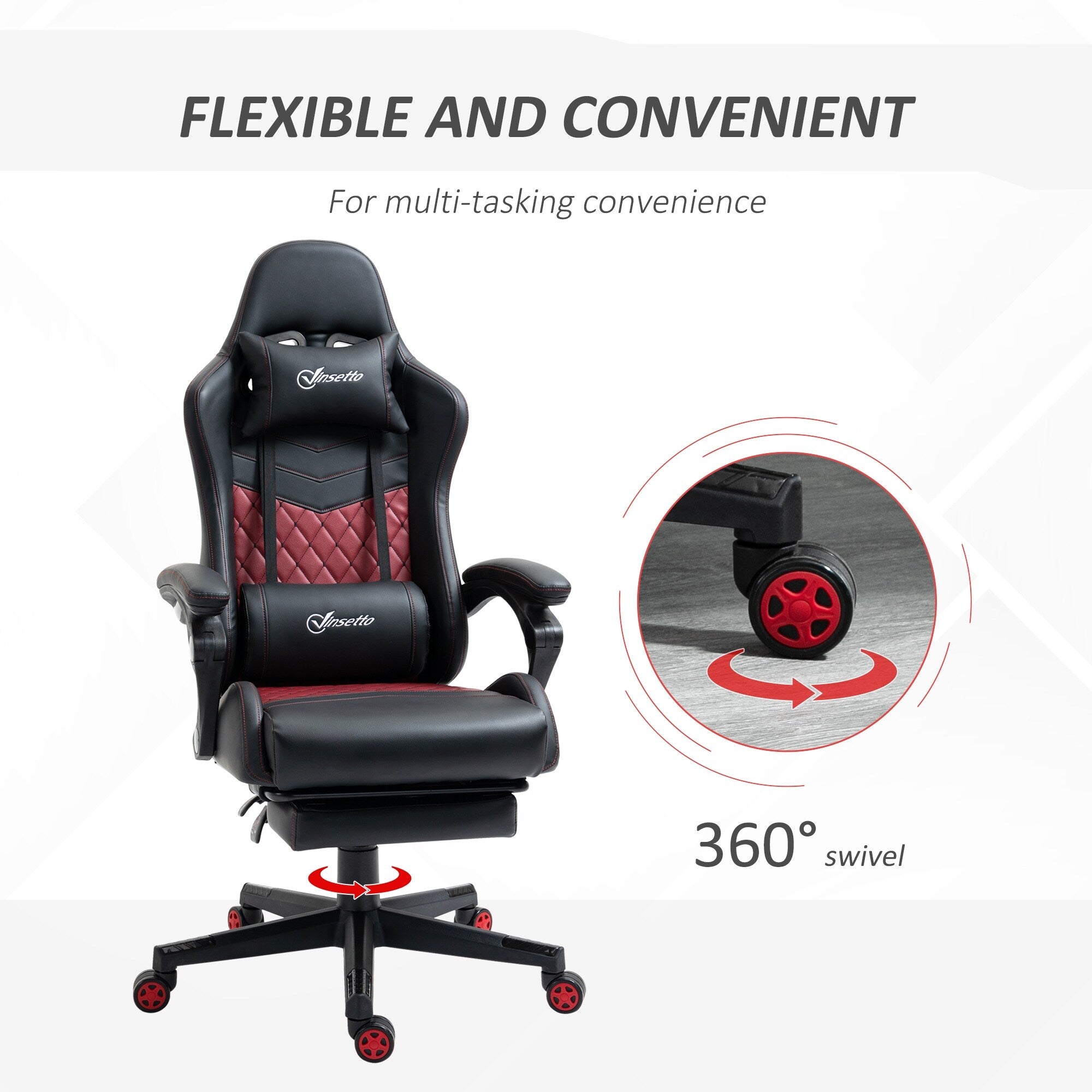 Fauteuil de jeu inclinable pivotant à 360° en cuir PU avec repose-pieds, appui-tête, support lombaire et hauteur réglable