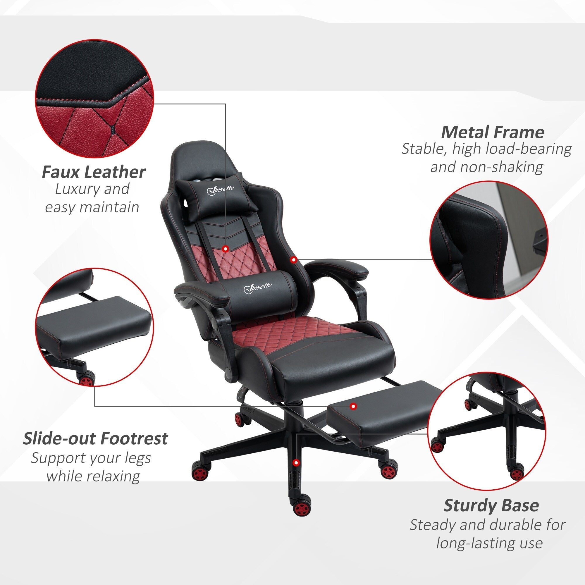 Fauteuil de jeu inclinable pivotant à 360° en cuir PU avec repose-pieds, appui-tête, support lombaire et hauteur réglable
