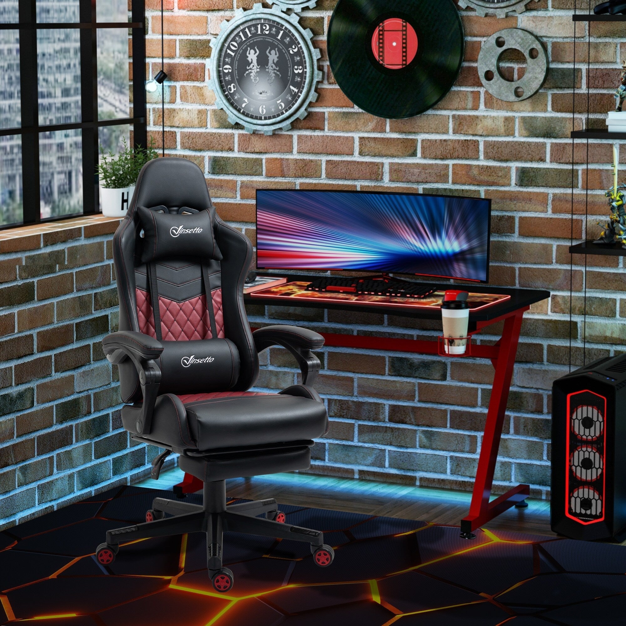 Fauteuil de jeu inclinable pivotant à 360° en cuir PU avec repose-pieds, appui-tête, support lombaire et hauteur réglable