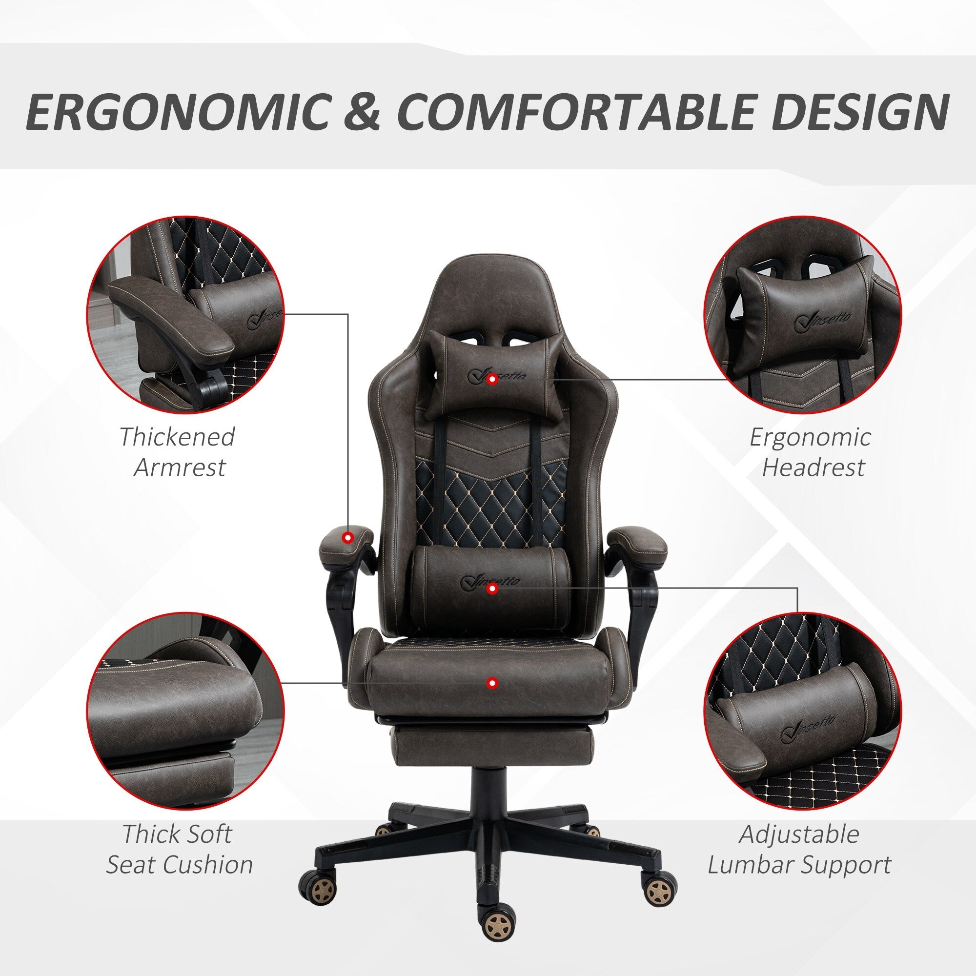Fauteuil de jeu inclinable pivotant à 360° en cuir PU avec repose-pieds, appui-tête, support lombaire et hauteur réglable