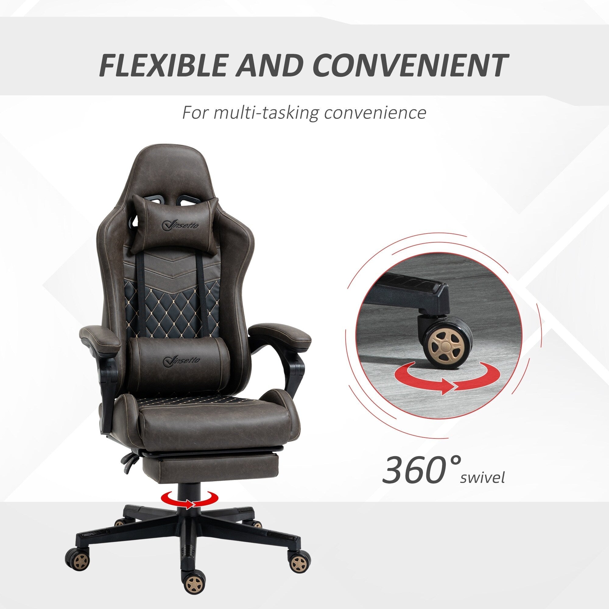 Fauteuil de jeu inclinable pivotant à 360° en cuir PU avec repose-pieds, appui-tête, support lombaire et hauteur réglable