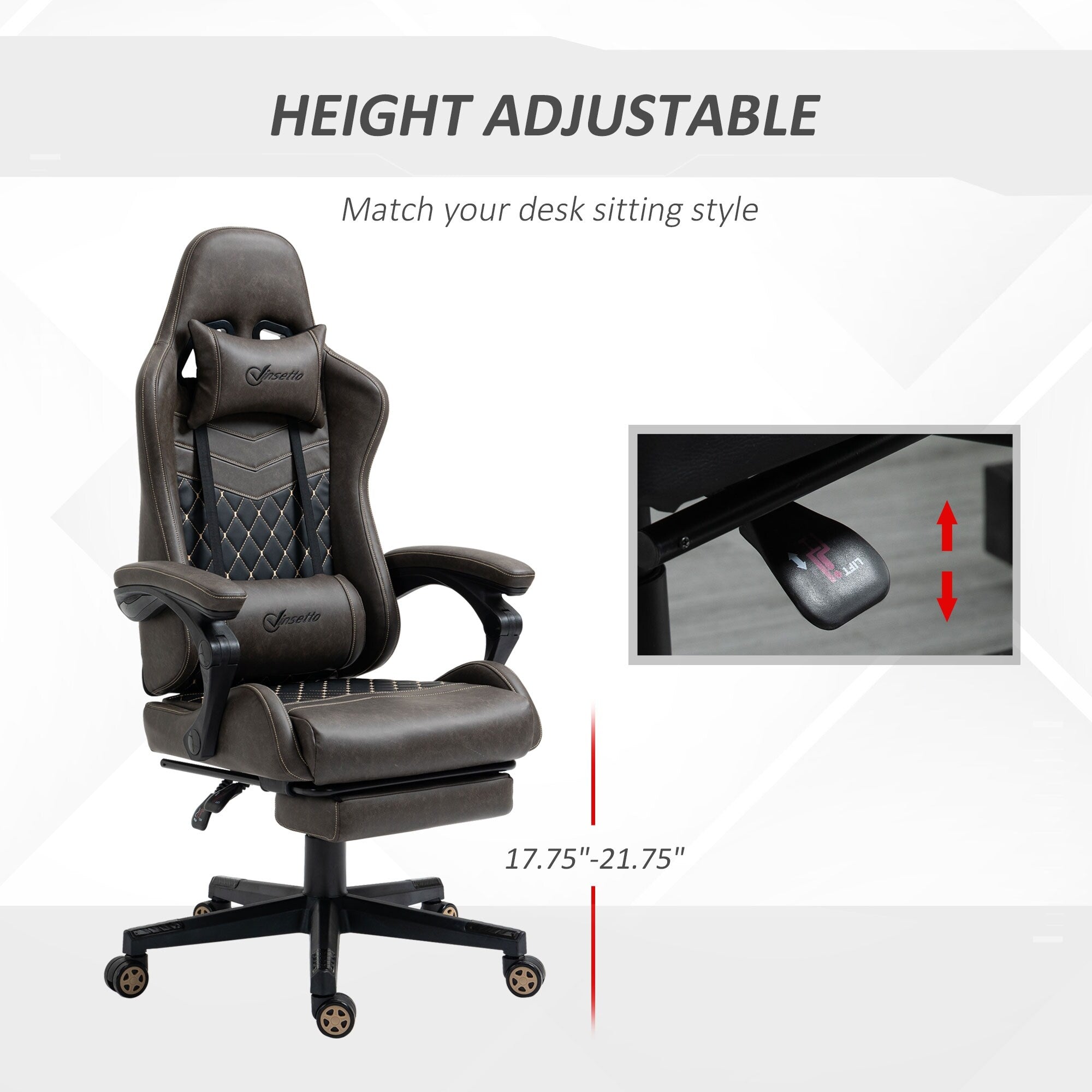 Fauteuil de jeu inclinable pivotant à 360° en cuir PU avec repose-pieds, appui-tête, support lombaire et hauteur réglable