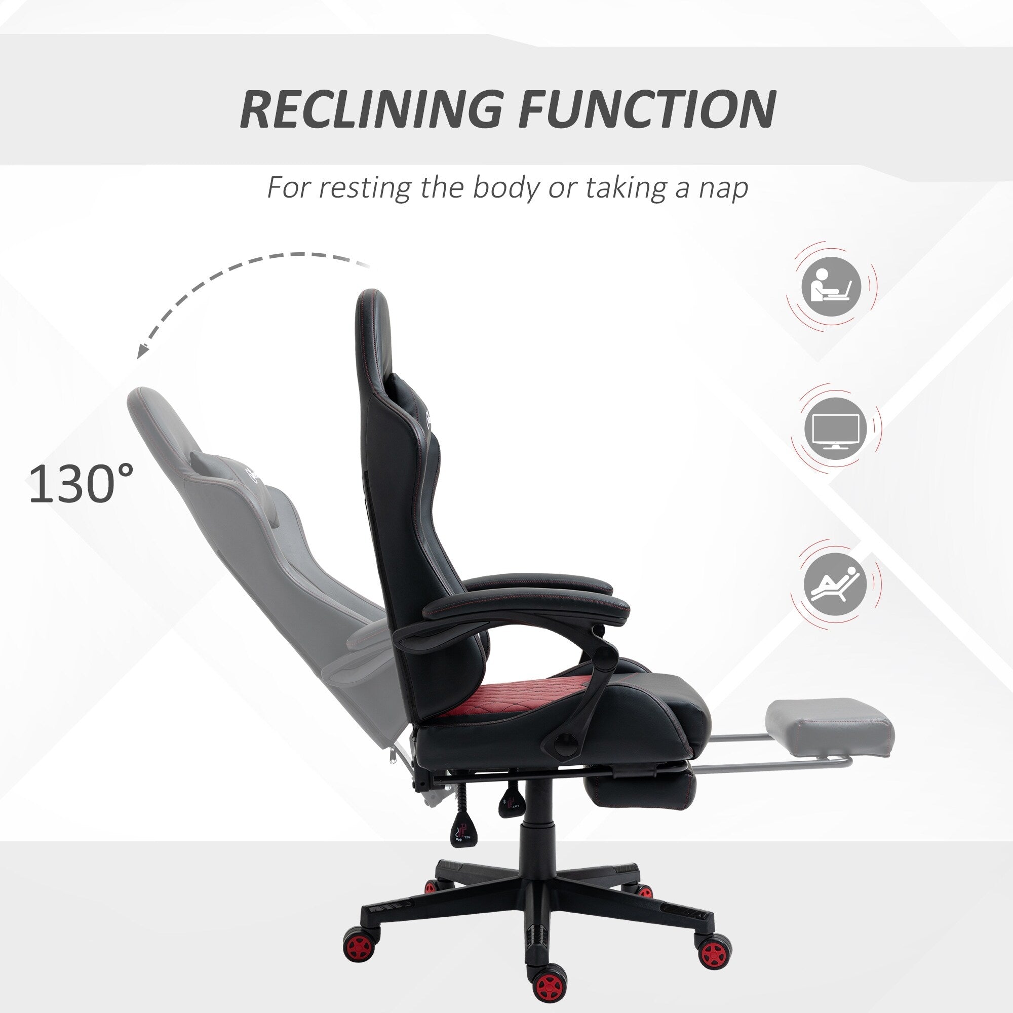 Fauteuil de jeu inclinable pivotant à 360° en cuir PU avec repose-pieds, appui-tête, support lombaire et hauteur réglable