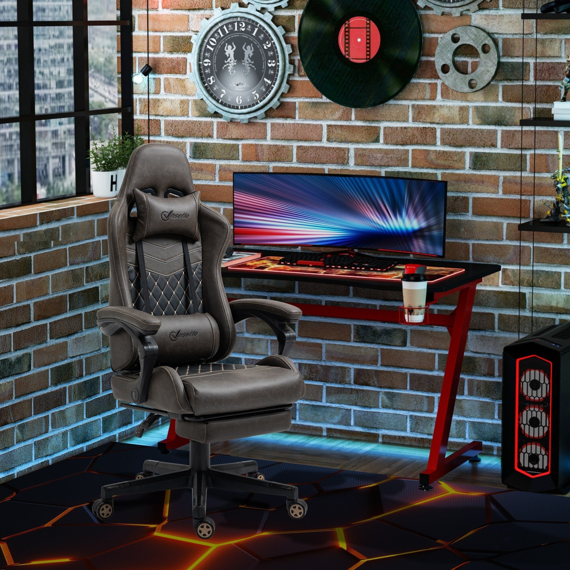 Fauteuil de jeu inclinable pivotant à 360° en cuir PU avec repose-pieds, appui-tête, support lombaire et hauteur réglable