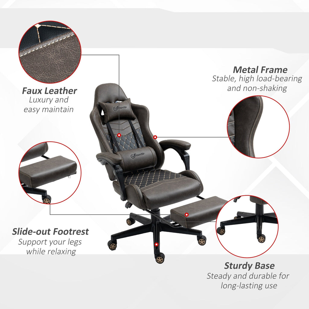 Fauteuil de jeu inclinable pivotant à 360° en cuir PU avec repose-pieds, appui-tête, support lombaire et hauteur réglable