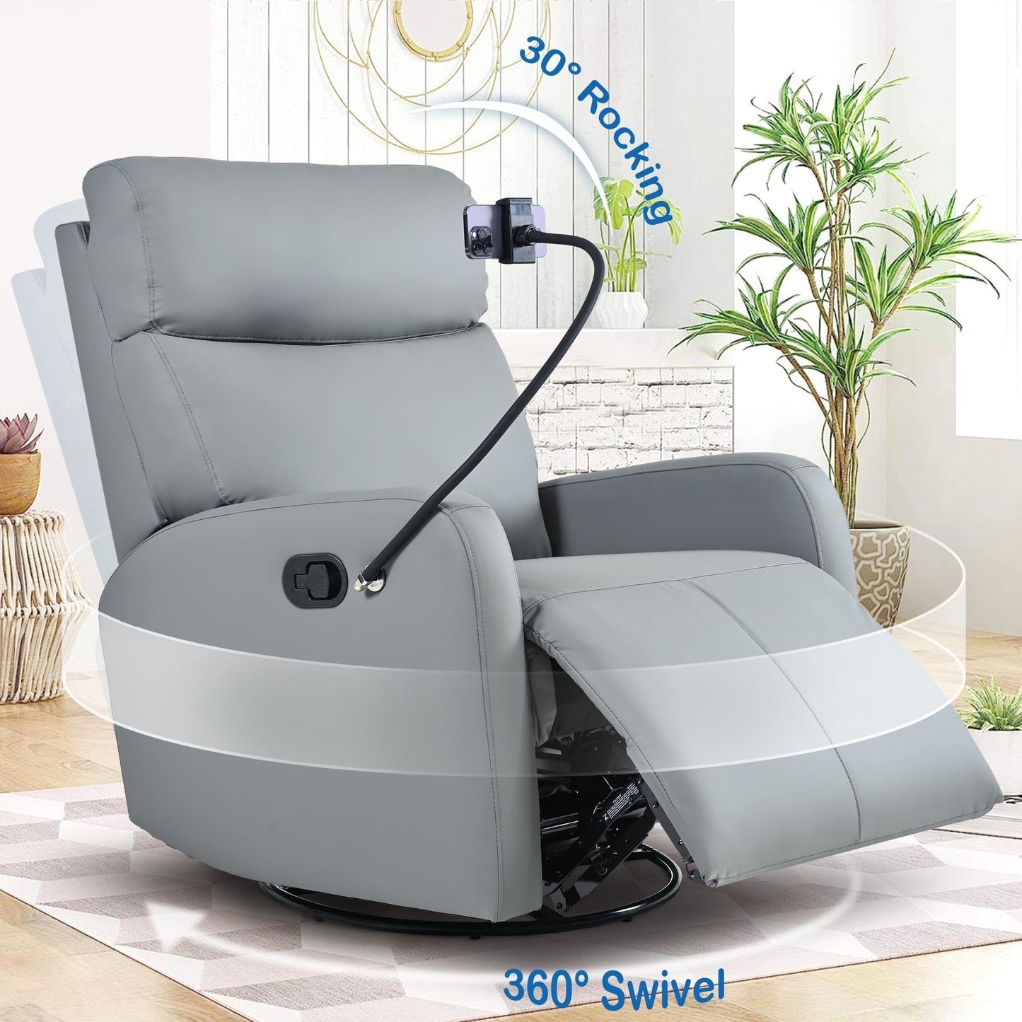 Fauteuil inclinable pivotant à 360° en cuir PU avec support pour téléphone