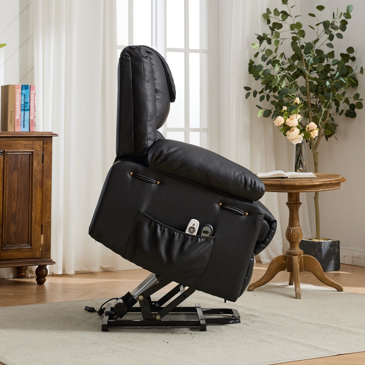 Fauteuil inclinable électrique en cuir PU avec releveur et massage, télécommande, siège large, confort pour personnes âgées