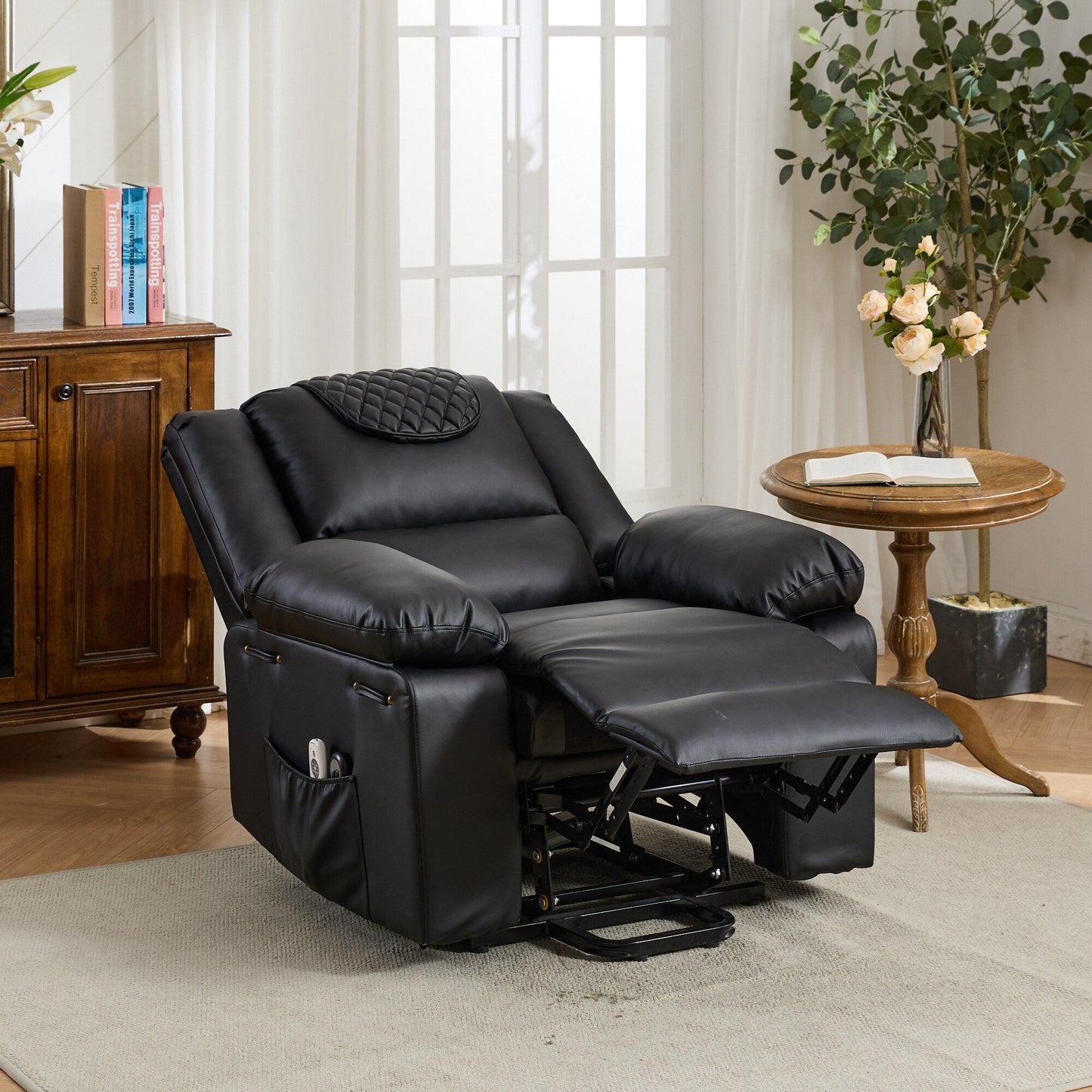 Fauteuil inclinable électrique en cuir PU avec releveur et massage, télécommande, siège large, confort pour personnes âgées