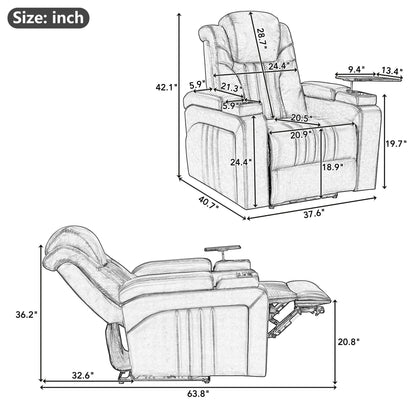 Fauteuil inclinable électrique en cuir synthétique pour home cinéma avec appui-tête réglable électriquement, chargeur sans fil, port USB et accoudoirs de rangement