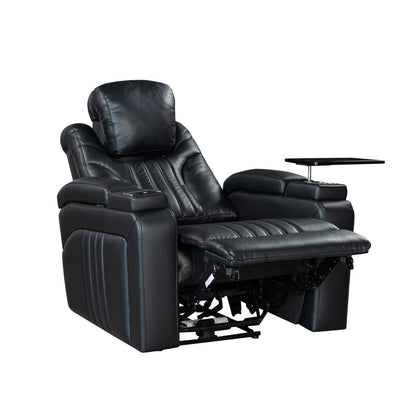 Fauteuil inclinable électrique en cuir synthétique pour home cinéma avec appui-tête réglable électriquement, chargeur sans fil, port USB et accoudoirs de rangement