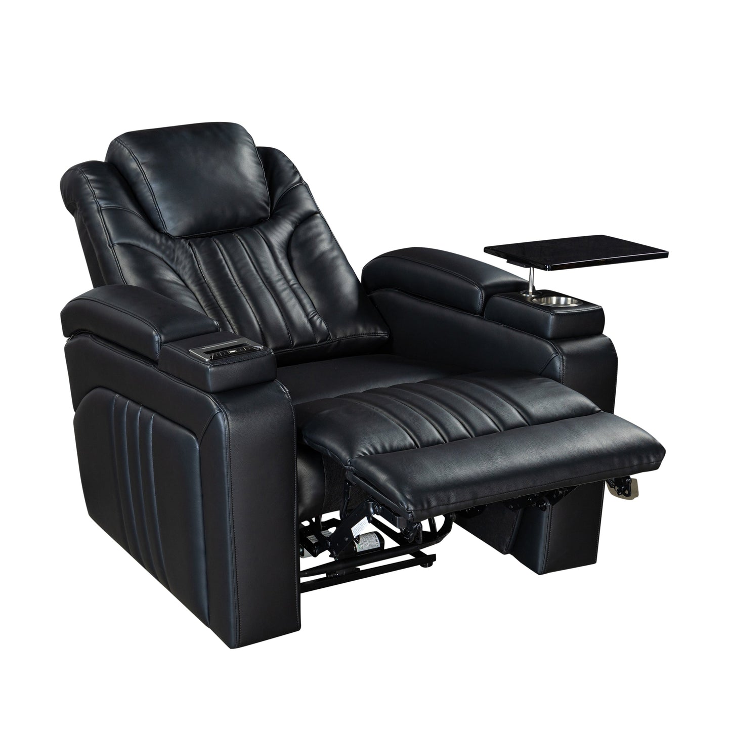 Fauteuil inclinable électrique en cuir synthétique pour home cinéma avec appui-tête réglable électriquement, chargeur sans fil, port USB et accoudoirs de rangement