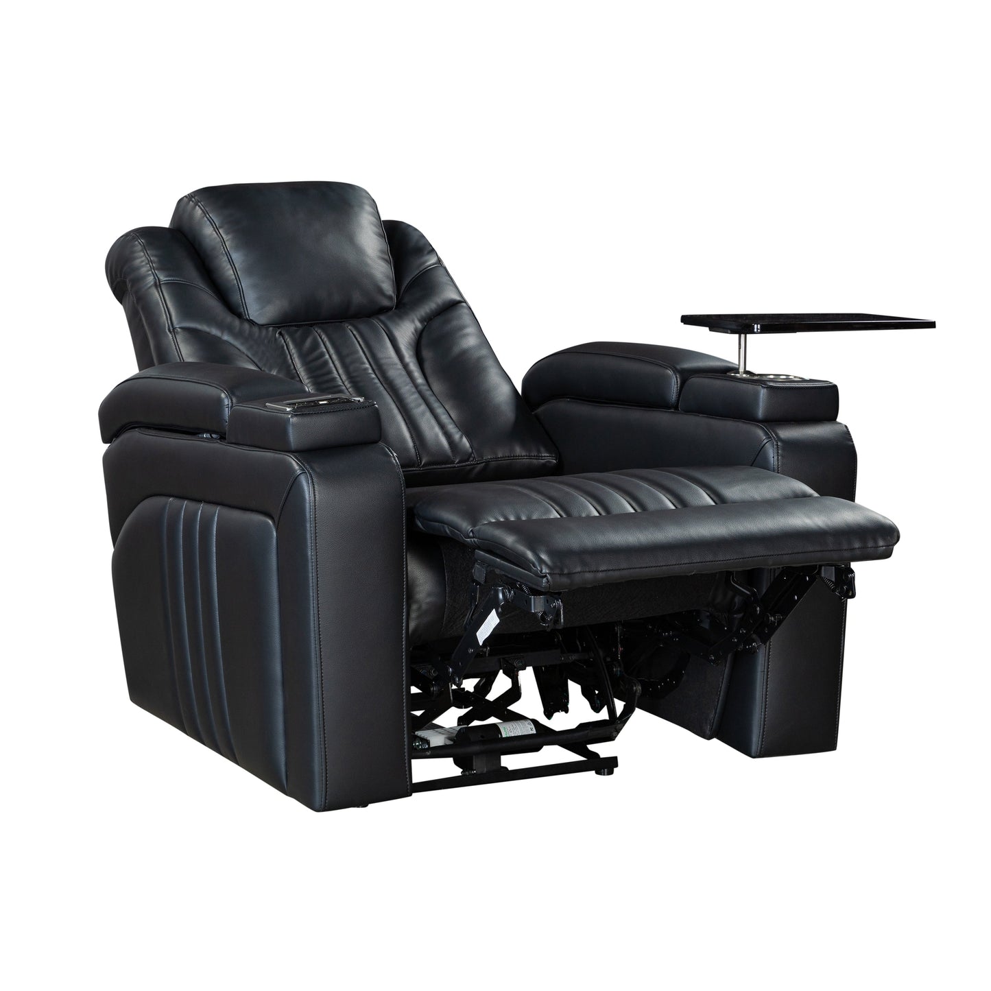 Fauteuil inclinable électrique en cuir synthétique pour home cinéma avec appui-tête réglable électriquement, chargeur sans fil, port USB et accoudoirs de rangement