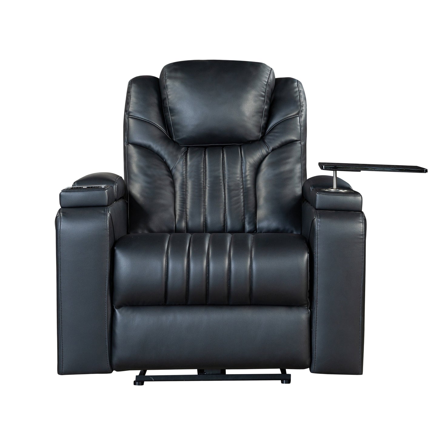 Fauteuil inclinable électrique en cuir synthétique pour home cinéma avec appui-tête réglable électriquement, chargeur sans fil, port USB et accoudoirs de rangement