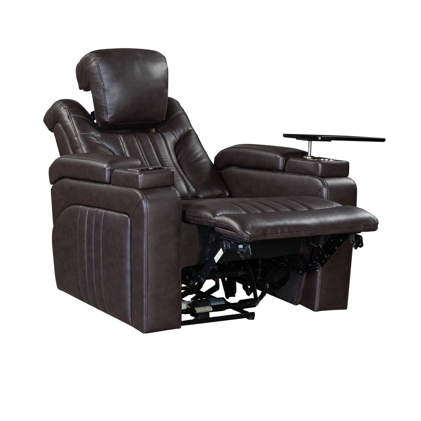 Fauteuil inclinable électrique en cuir synthétique pour home cinéma avec appui-tête réglable électriquement, chargeur sans fil, port USB et accoudoirs de rangement