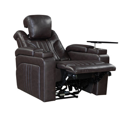 Fauteuil inclinable électrique en cuir synthétique pour home cinéma avec appui-tête réglable électriquement, chargeur sans fil, port USB et accoudoirs de rangement