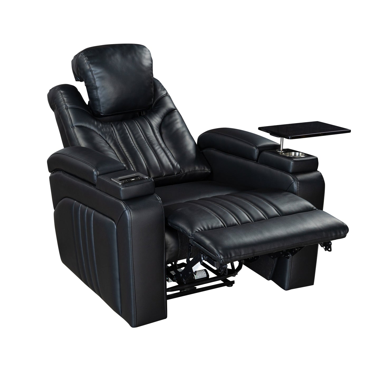 Fauteuil inclinable électrique en cuir synthétique pour home cinéma avec appui-tête réglable électriquement, chargeur sans fil, port USB et accoudoirs de rangement
