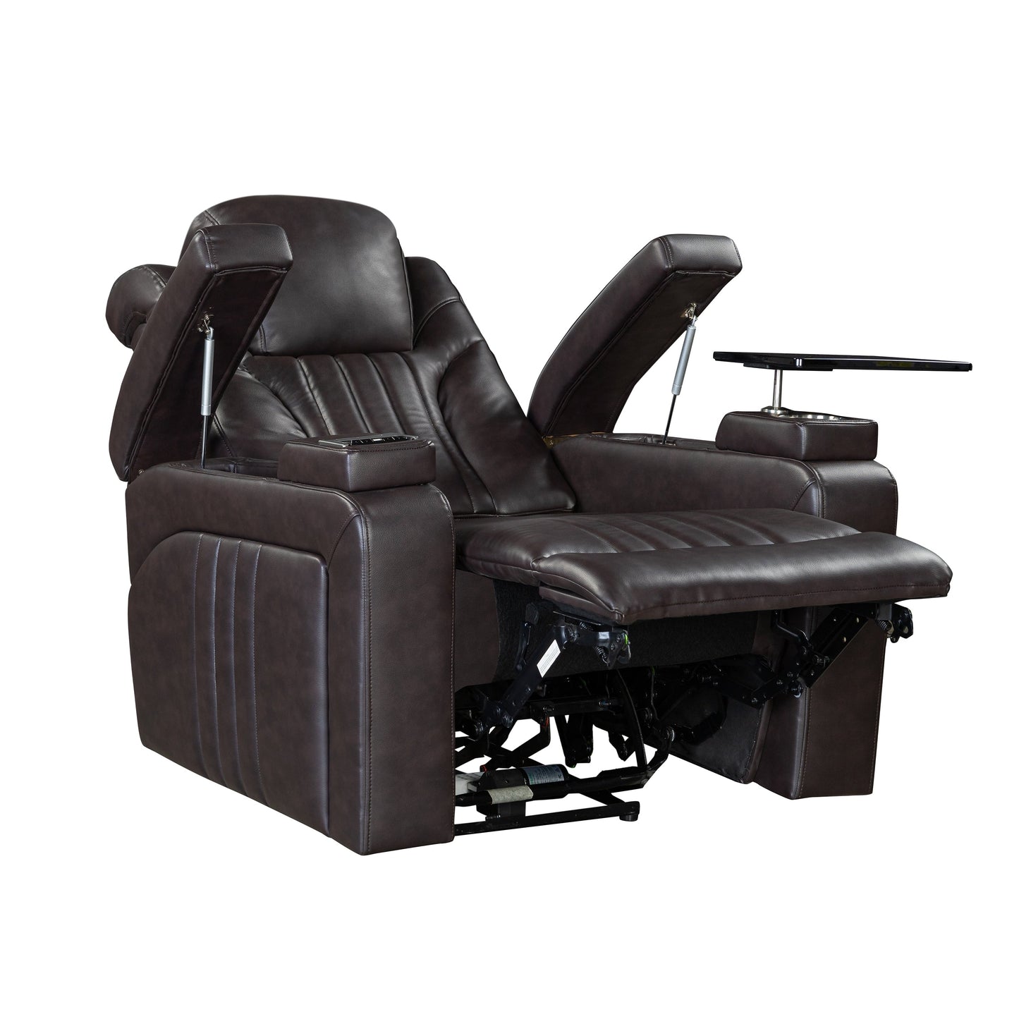 Fauteuil inclinable électrique en cuir synthétique pour home cinéma avec appui-tête réglable électriquement, chargeur sans fil, port USB et accoudoirs de rangement