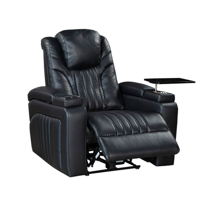 Fauteuil inclinable électrique en cuir synthétique pour home cinéma avec appui-tête réglable électriquement, chargeur sans fil, port USB et accoudoirs de rangement