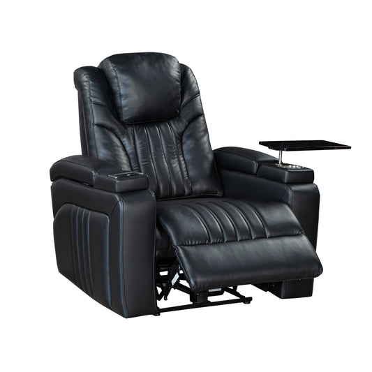 Fauteuil inclinable électrique en cuir synthétique pour home cinéma avec appui-tête réglable électriquement, chargeur sans fil, port USB et accoudoirs de rangement