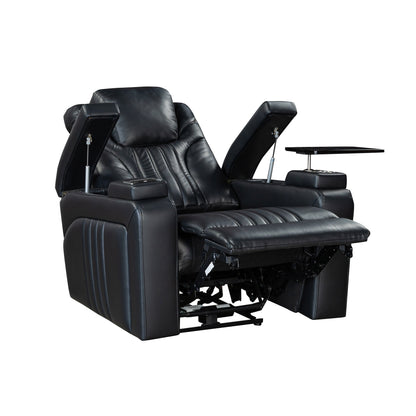 Fauteuil inclinable électrique en cuir synthétique pour home cinéma avec appui-tête réglable électriquement, chargeur sans fil, port USB et accoudoirs de rangement
