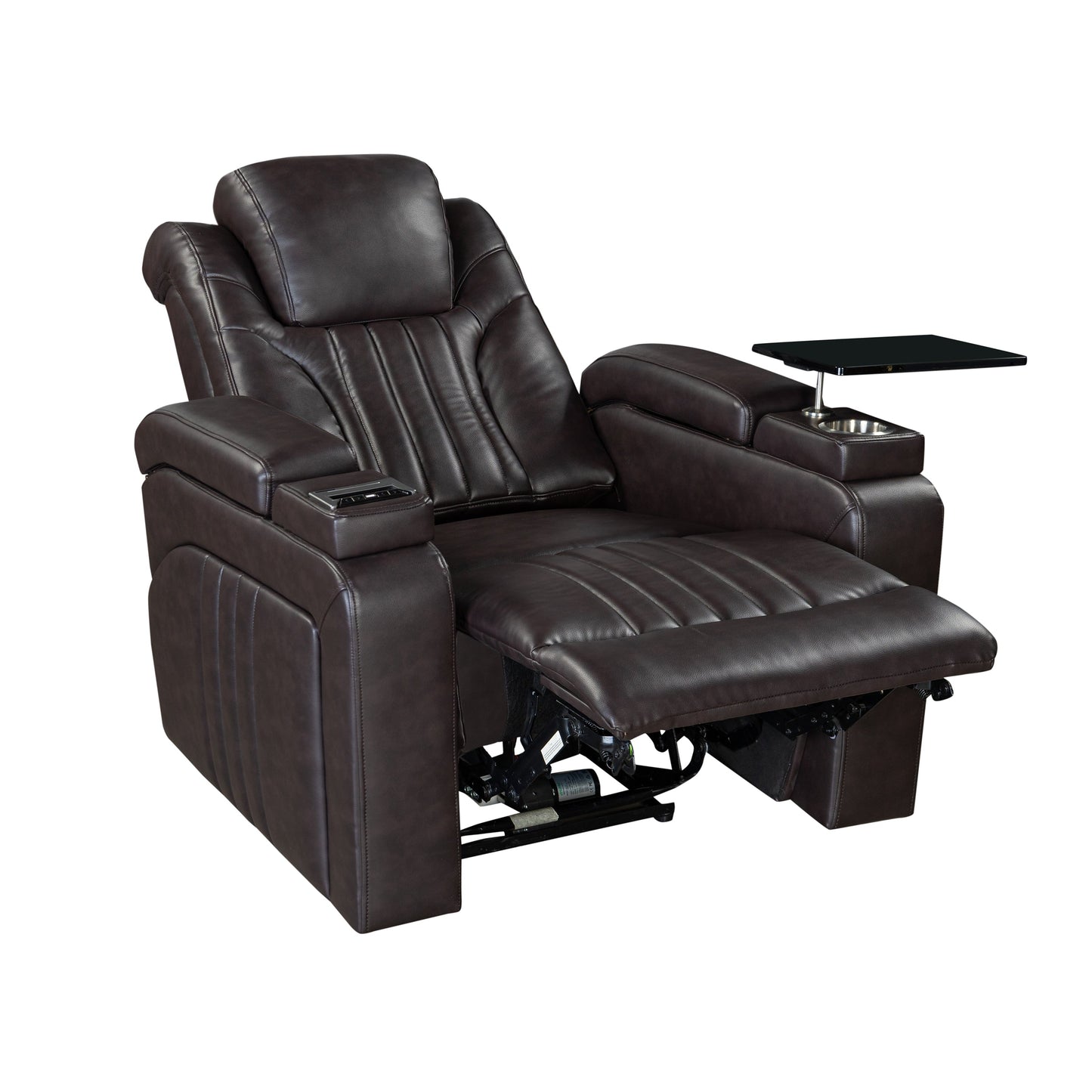 Fauteuil inclinable électrique en cuir synthétique pour home cinéma avec appui-tête réglable électriquement, chargeur sans fil, port USB et accoudoirs de rangement