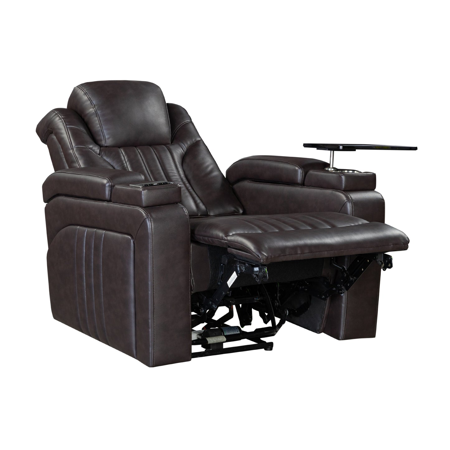 Fauteuil inclinable électrique en cuir synthétique pour home cinéma avec appui-tête réglable électriquement, chargeur sans fil, port USB et accoudoirs de rangement