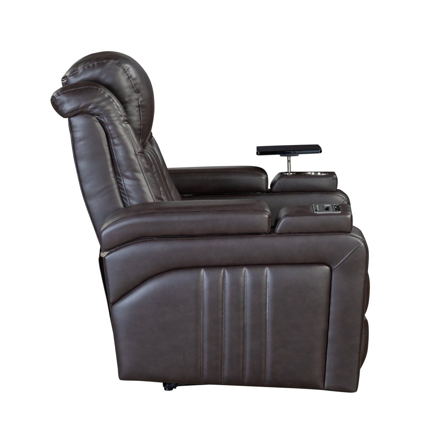 Fauteuil inclinable électrique en cuir synthétique pour home cinéma avec appui-tête réglable électriquement, chargeur sans fil, port USB et accoudoirs de rangement