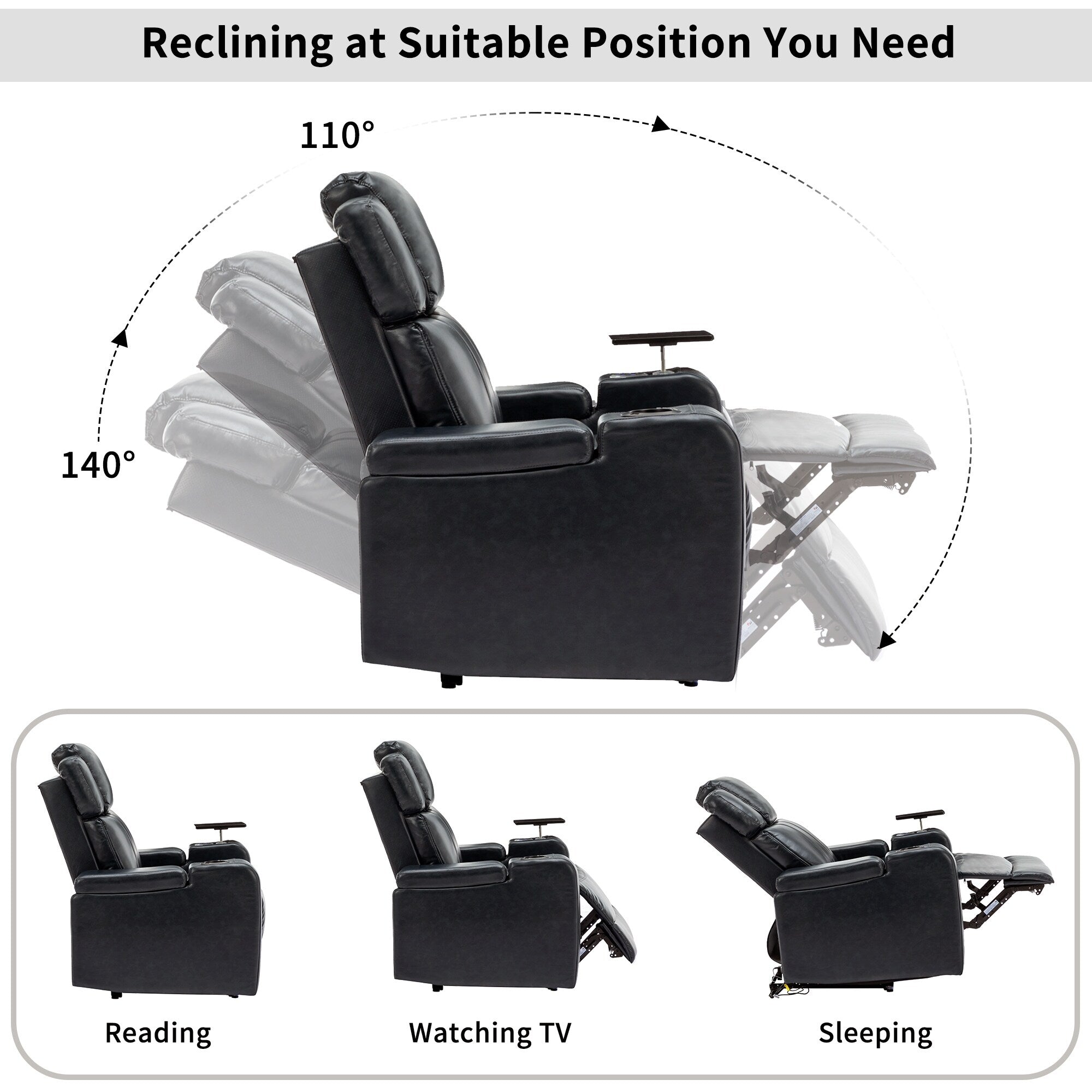 Fauteuil inclinable électrique en cuir synthétique, siège individuel, pour home cinéma, avec porte-gobelet rafraîchissant, haut-parleur Bluetooth, lumières LED et ports USB