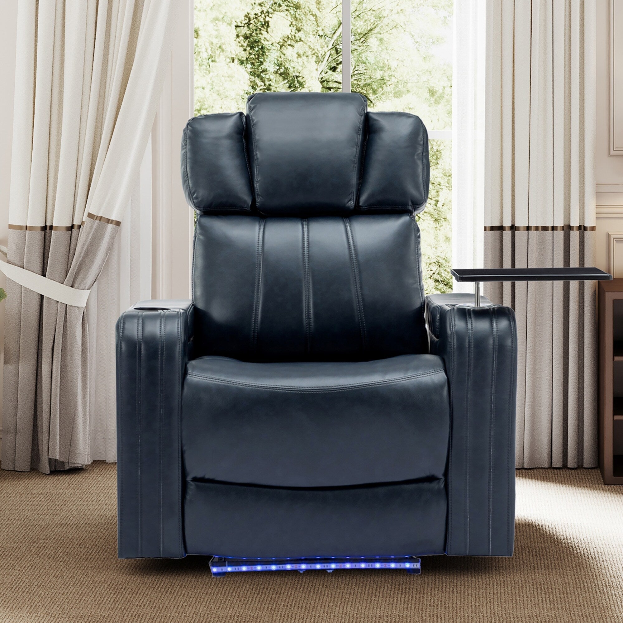 Fauteuil inclinable électrique en cuir synthétique, siège individuel, pour home cinéma, avec porte-gobelet rafraîchissant, haut-parleur Bluetooth, lumières LED et ports USB