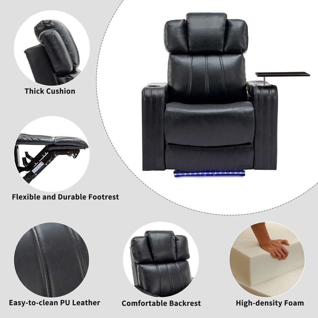 Fauteuil inclinable électrique en cuir synthétique, siège individuel, pour home cinéma, avec porte-gobelet rafraîchissant, haut-parleur Bluetooth, lumières LED et ports USB