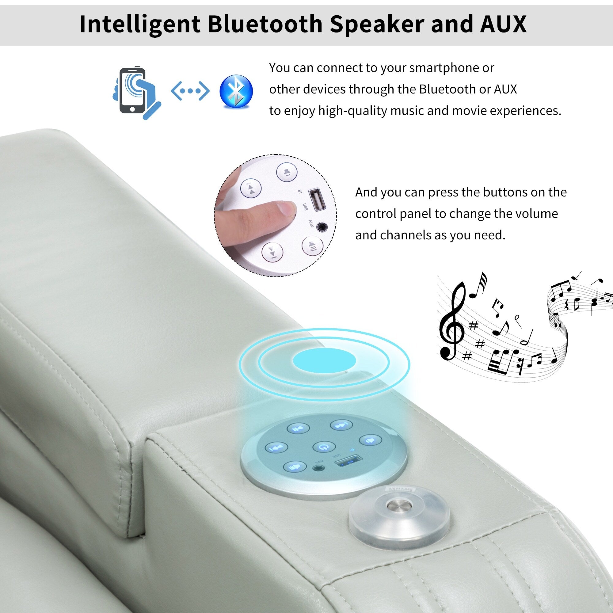 Fauteuil inclinable électrique en cuir synthétique, siège individuel, pour home cinéma, avec porte-gobelet rafraîchissant, haut-parleur Bluetooth, lumières LED et ports USB