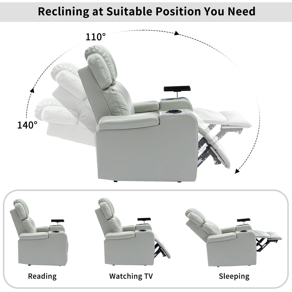 Fauteuil inclinable électrique en cuir synthétique, siège individuel, pour home cinéma, avec porte-gobelet rafraîchissant, haut-parleur Bluetooth, lumières LED et ports USB