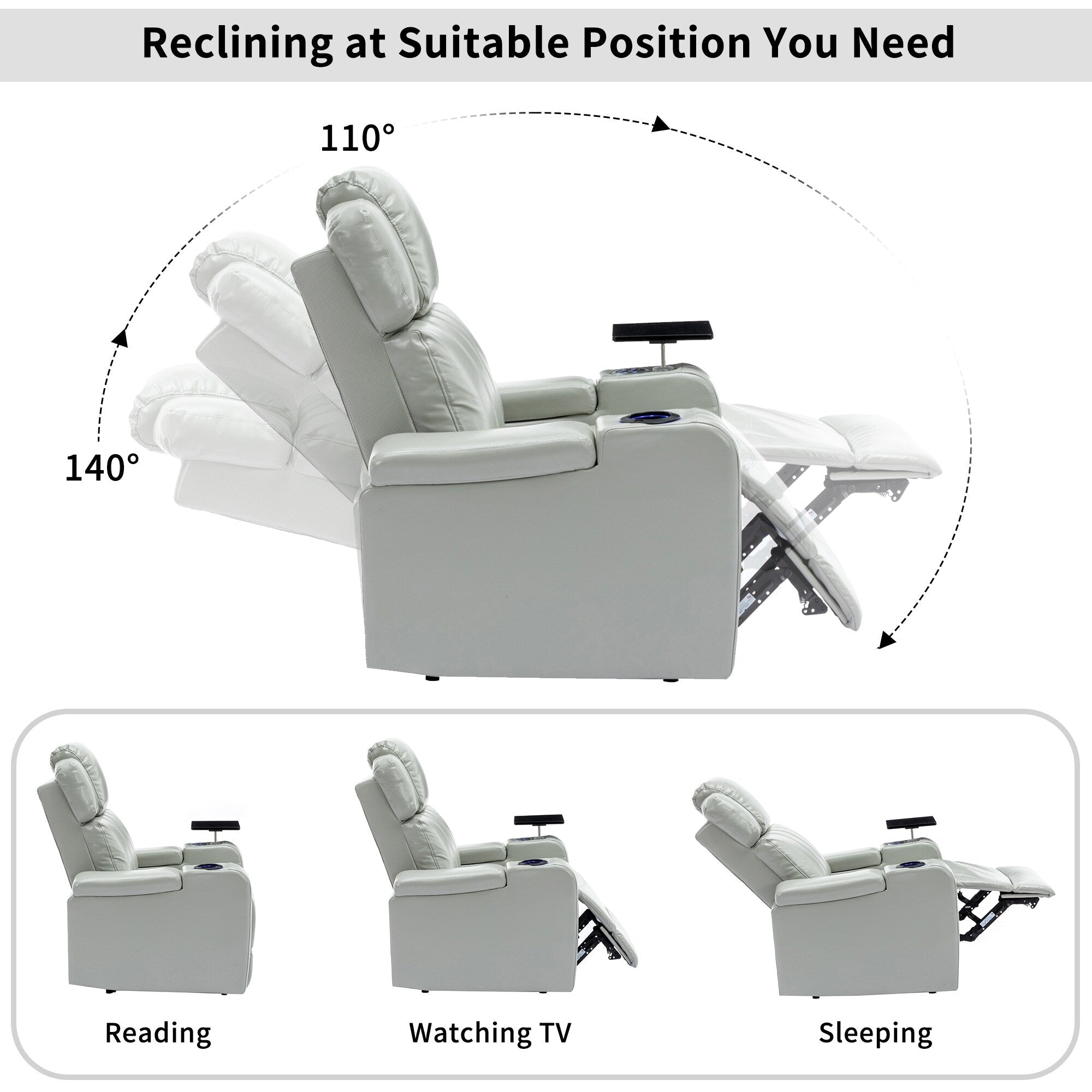 Fauteuil inclinable électrique en cuir synthétique, siège individuel, pour home cinéma, avec porte-gobelet rafraîchissant, haut-parleur Bluetooth, lumières LED et ports USB